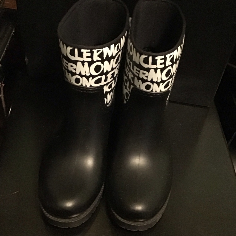 Moncler Black Boots with White Text Detail